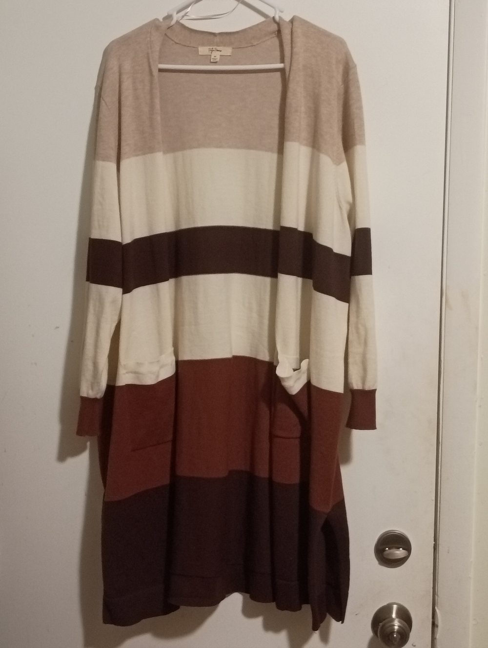 Striped Open-Front Long Cardigan in Cream, Tan and Brown